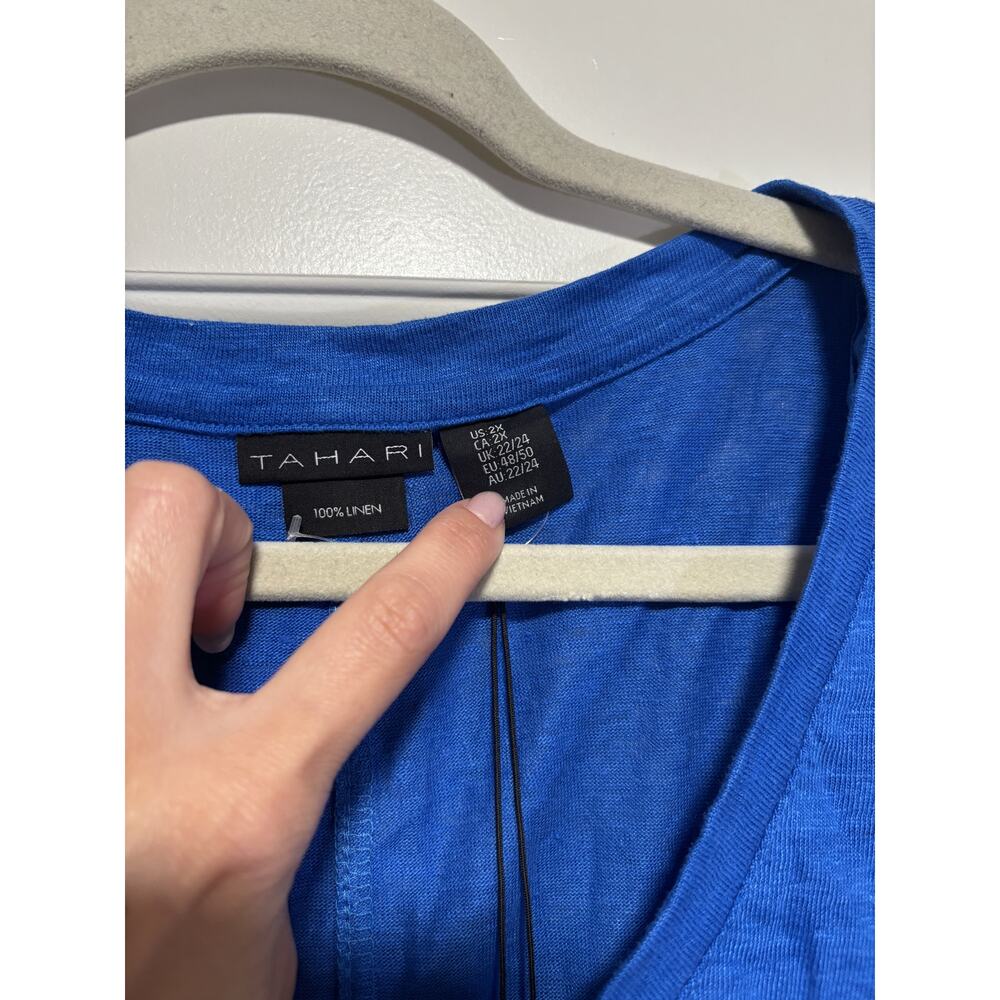Tahari Blue V-Neck Linen Top 2X Plus Size - Picture 3 of 7